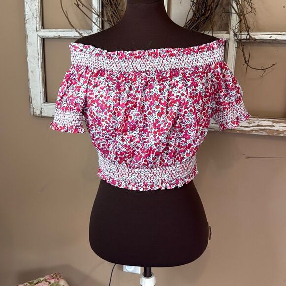 J Crew liberty fabrics floral smocked off the shoulder crop top size XL red whit - Picture 1 of 8